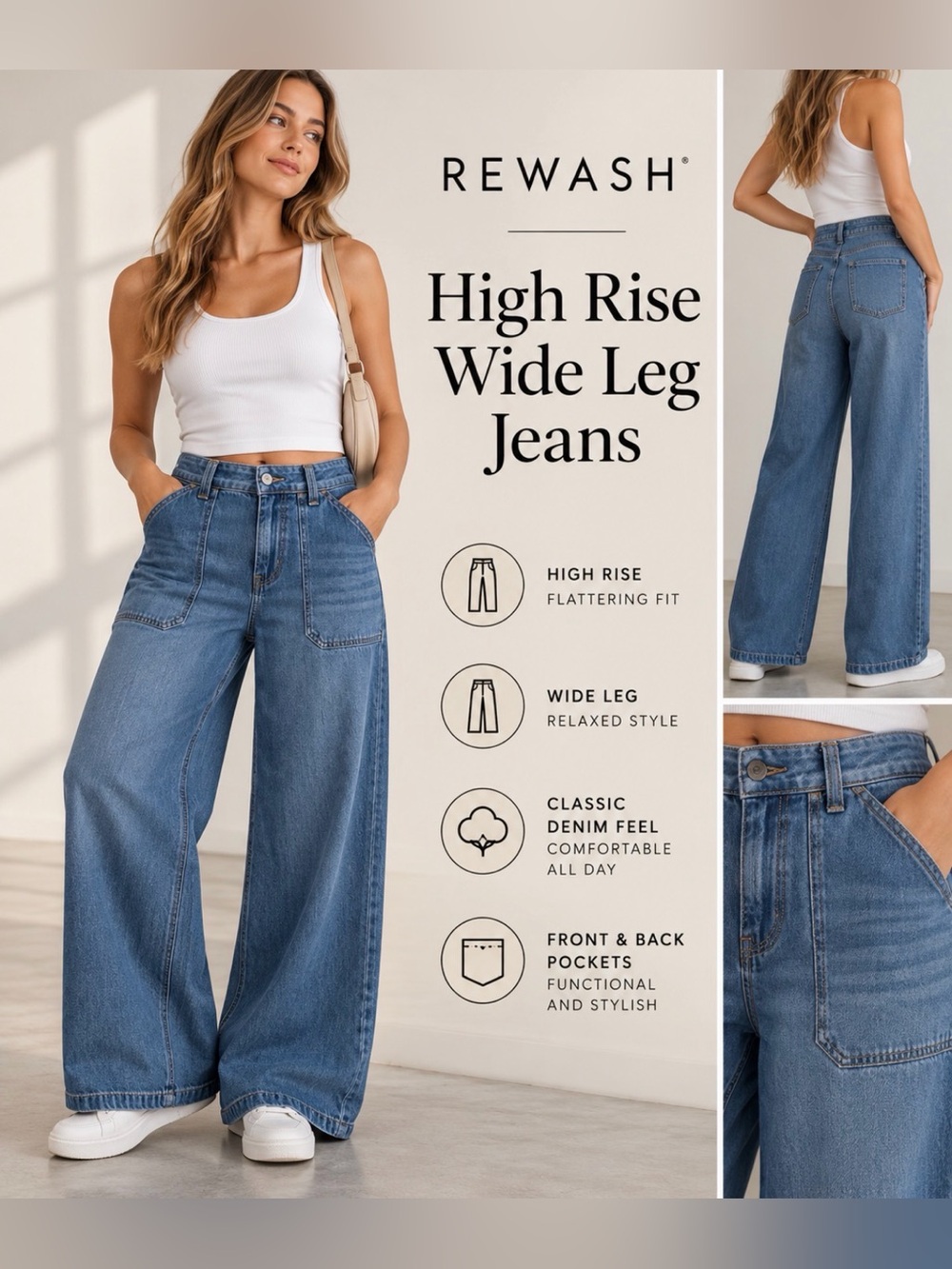 NWOT Rewash Wide Leg High-Rise Jeans - Blue Denim